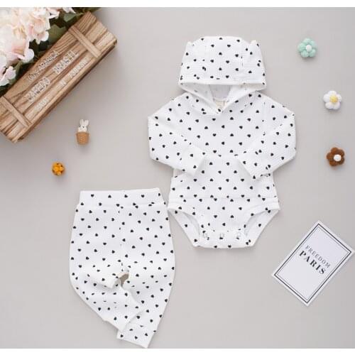 2021 0-18M Baby Girls Clothes Spring Autumn Fashion Heart Print Long Sleeve Hooded Romper and Long Pants Sweet Outfits 2pcs Set