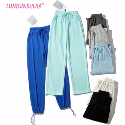 LUNDUNSHIJIA 2021 New Spring Summer Women Casual Sweatpants Fashion High-Grade Waffle Straight Trousers For Women 7 Colors