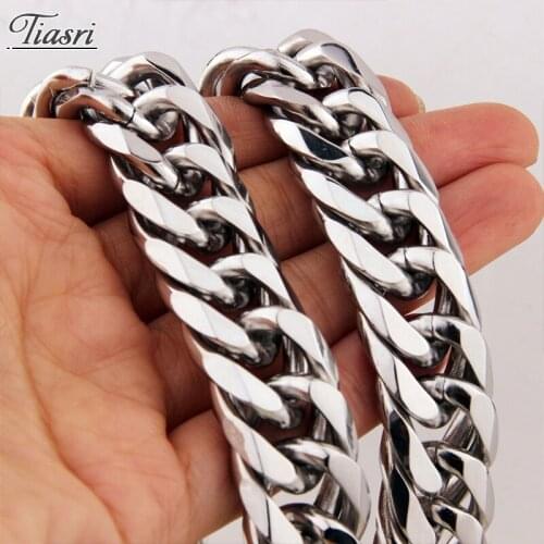 Tiasri 19/21mm Curb Cuban Link Chain Necklace For Man Silver Color Stainless Steel Jewelry Accessories Punk Hip-Hop Style Gifts