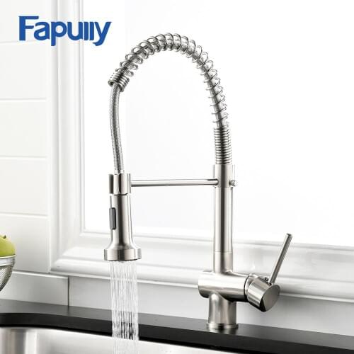 Fapully Kitchen Faucet Nickel Brushed Deck Mounted Hot and Cold Water Spring Pull Down Spray Spout Kitchen Mixer Tap 999-33N