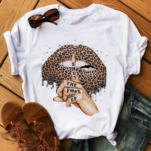 Leopard Lips Print T-Shirt Funny Lip pattern Tops Female T Shirts 90s Harajuku Streetwear O-neck Clothing Casual Lady Tee shirt