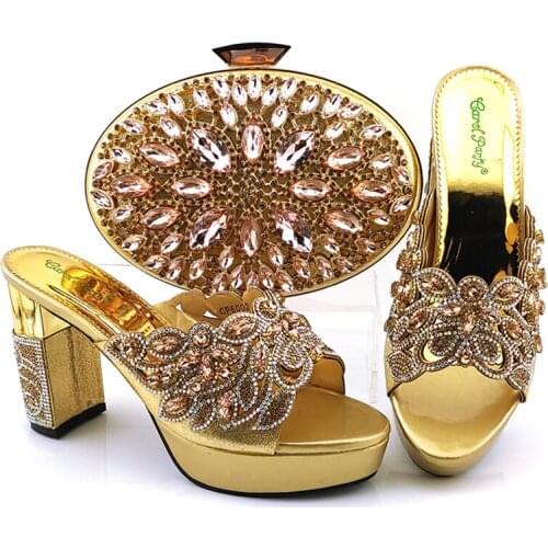Gold Color shoes and bag set crystal applique bag Matching shoes set new arrival Italian Designer shoes and bags for women