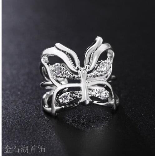 Women lady silver color WOMEN lady cute wedding party hot gift fashion charm crystal hollow butterfly ring sweet style R035