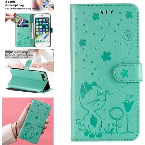 Cat And Bee PU Leather Flip Book Phone Pouch Cover For estuche iPhone 8 Plus Luminous sFor Apple iPhone capa 7 Aksesuar Cases