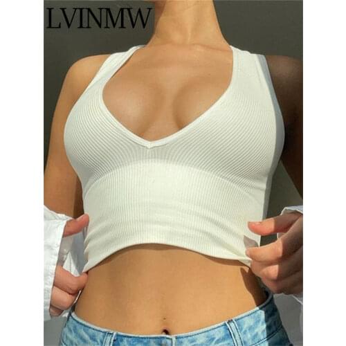 LVINMW Vest Solid Basic Ribbed V Neck Sleeveless Tank Tops Low Cut Casual Slim Simple Summer Clothes For Women Stretchy Navel