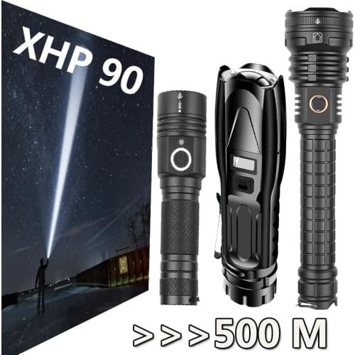 Powerful XHP90 Flashlight Brightest Telescopic Zoom Torch 500m Long Lighting Distance Lantern USB Rechargeable Tactical Led Lamp