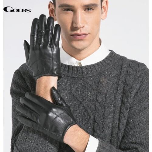 GOURS Mens Winter Real Leather Gloves High Quality Black Genuine Goatskin Gloves New Fashion Driving Mittens Warm Soft GSM010