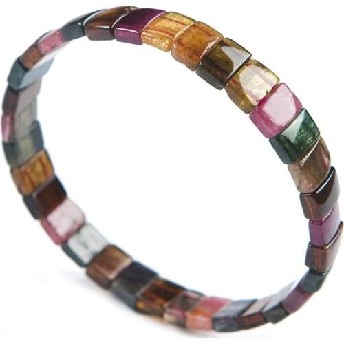 Genuine Natural Crystal Rectangle Beads Colorful Tourmaline Stone Fashion Stretch Bracelet Women Gift 9*7*4mm
