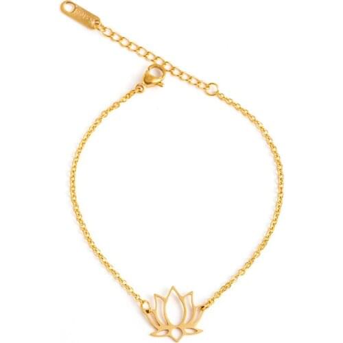 Stainless Steel Hollow Out Flower Bracelets For Women Delicate Gold Color Link Chain Lotus Flower Charming Bracelet bijoux femme