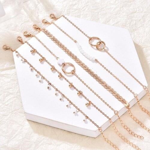 NEW Metal Bracelet Set Pearl Alloy Arrow Link Snake Bone Chain Twist Bangle Gold Punk Layer Romantic Open Cuff Bangles For Women