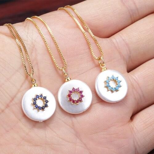 Round white pearl bead micro pave navy mint white purple red cz loop charm gold pendant necklace 18 inches choker for woman