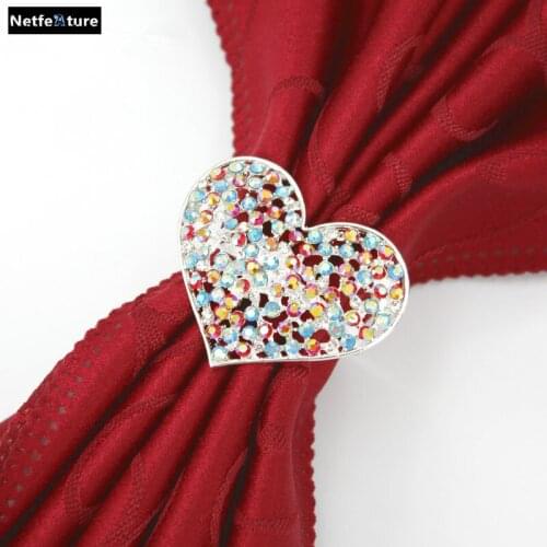 Romantic Heart Napkin Rings For Wedding Table Decoration Colorful Rhinestone Napkin Holder Nickle gold Plating Serviette Ring