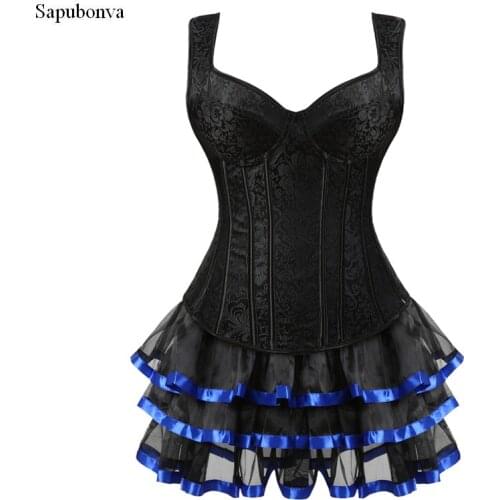 Sapubonva overbust corset dresses plus size burlesque gothic tutu skrits corset bustier with straps zip cosplay costume party
