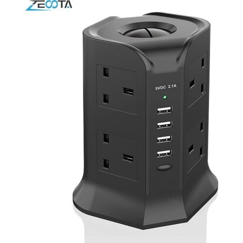 Tower Power Strips Extension Leads Surge Protectors 8 Way Outlet Sockets 4 USB 2.1A Charging Ports 6.5ft/ 2m Extension Cable