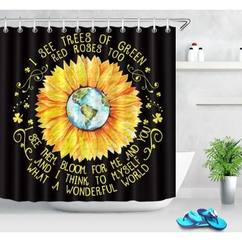 Sunflower Shower Curtain Earth Flower Painting Inspirational Funny Words Yellow Floral Black Art Bath Curtain for Bathroom