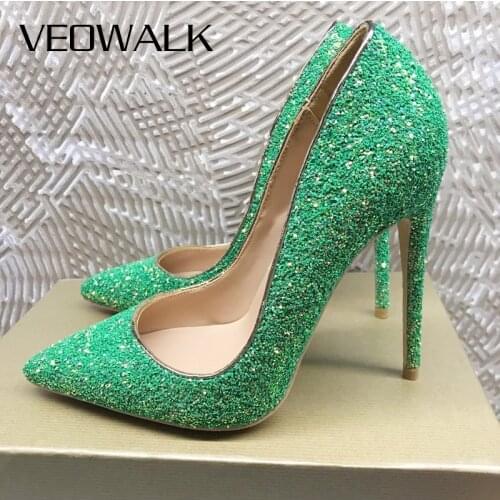 Veowalk Bling Bling Green Women Sexy Stiletto High Heels Sexy Ladies Pointy Toe Pumps Thin Heel Shiny Gem Party Wedding Shoes