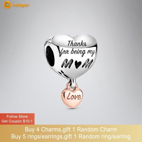 Volayer 925 Sterling Silver Bead Love You Mum Heart Charm fit Original Pandora Bracelets Women Jewelry Making Birthday Gift