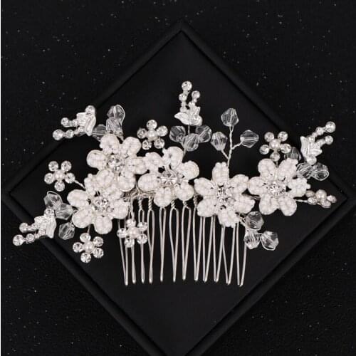 Silver Color Flower Hair Combs Pearl Jewelry Women Rhinestones Hairpins For Bridal Hair Ornament Handmade Wedding Accessories