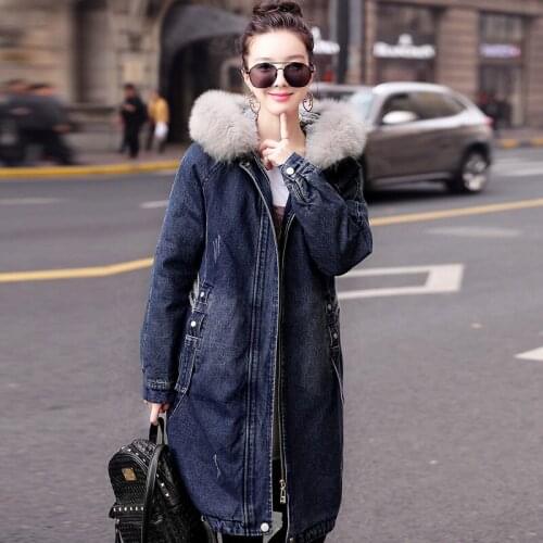 Winter Hooded Loose Denim Coat Women Mid-length Cotton Coat Plus Velvet Thick Real Fox Fur Collar Padded Coat Female Denim Q195