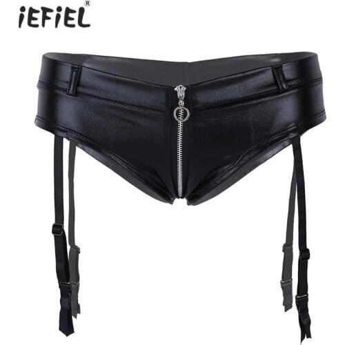 Women Sissy Lingerie Faux Leather Zipper Open Crotch Panties Low Rise Slim Briefs Sexy Hot Underwear Erotic Panties with Garters