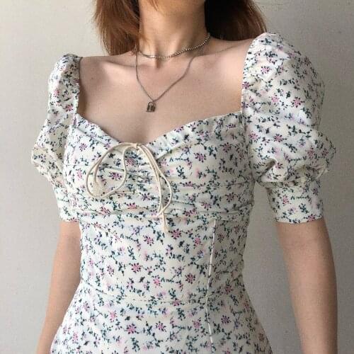 WOMENGAGA French Square Neck Lace Up Bandage Puff Sleeve High Waist Mini Dress Chiffon Floral Dresses Boho Beach D8JM