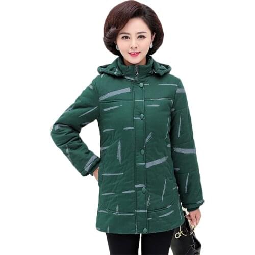 Plus Size Middle-aged Women Parker Winter Jacket Coats New Print Hooded Outerwear Plus Velvet Warm Cotton Padded Jacket Clothes