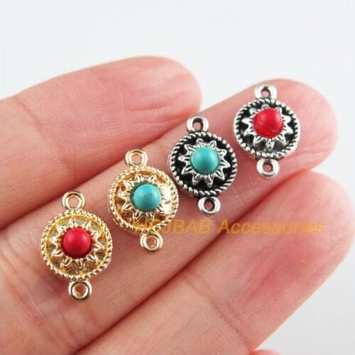 25Pcs Tibetan Silver Tone Gold Color Flower Red & Blue Stone Round Charms Connectors 9x13.5mm
