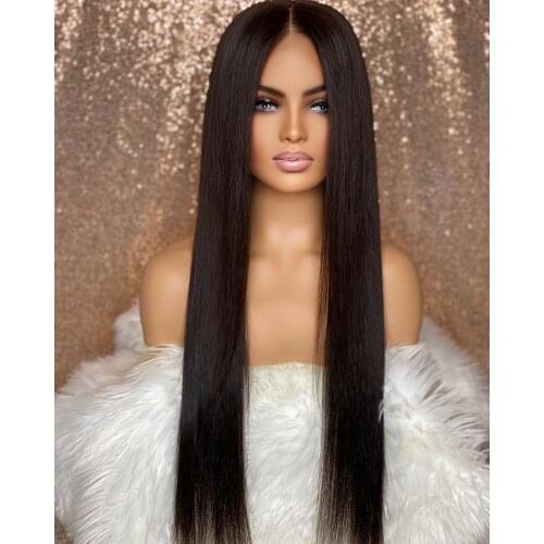 26 Inch Black Straight Middle Part Human Hair Remy Lace Front Wigs For Women With Baby Hair Preplucked Brazilian Can Dye Permed