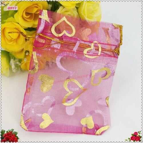 50Pcs Wedding Decoration Organza bags Heart-shaped pattern Party Wedding Favors Packaging Bag Jewelry Candy Gift Bags 11*16CM 5z