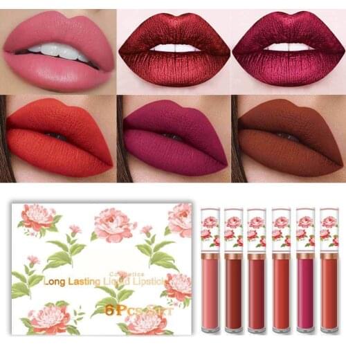 6Pcs/Set Matte Lip Gloss Set Liquid Lipstick Waterproof Long Lasting Nonstick Cup Moisturizing Lipstick Beauty Cosmetics Set