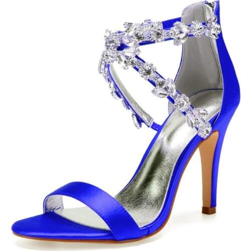 High Heels Satin Crystals Wedding Sandals Shoes Women Open Toe Zipper Back Straps Formal Party Ladies Dress Sandals