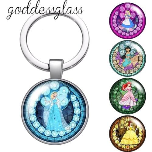 Princesses Elsa Alice ariel Elsa Anna jasmine Tiana glass cabochon keychain Bag Car key chain Ring Holder Charms keychains gift