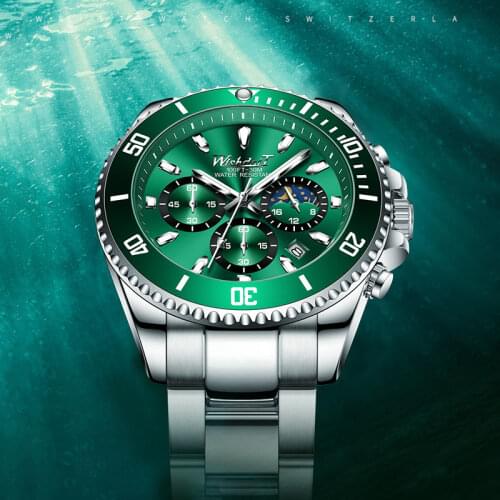 WISHDOIT New Mens Quartz Watches Luxurious Fashion Sports Waterproof Luminous Chronograph Moon Phase Calendar Stainless Steel