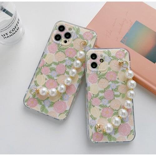 Cute Pearl Bracelet Flower Phone Case For iphone 12 11 Pro Max 7 8 plus X XR XS Max SE 2020 Fashion Phone Case Protection Cover