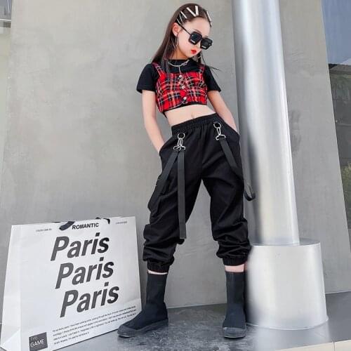 Childrens Day Stage Performance Girls Clothing Plaid Vest Black t-shirt Tops Ribbon Cargo Pants Hip-hop Jazz Dance Fashion Suit