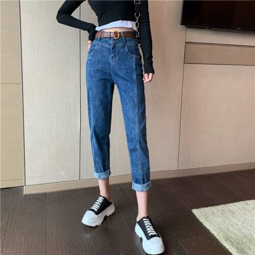 Belted Jeans Women Fashion Loose Straight Harem Denim Pants Retro Pants High Waist Harem Jeans Women Cropped Trouser With Belt