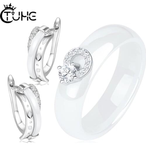 6mm Women Jewelry Sets for Women Q Letter Crytsal Black White Ceramic Rings Stud Earrings Jewelry Sets Wedding Jewelry Gift