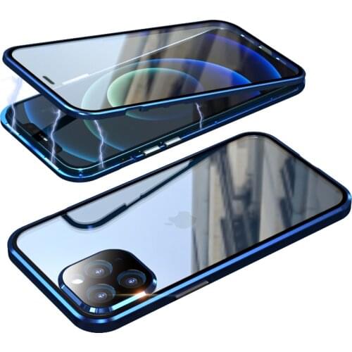 Magnetic Metal Bumper Protective Case for iPhone 12 mini 12 Pro Max 12 Double-sided Tempered Glass Phone Cover w/Lens Protection