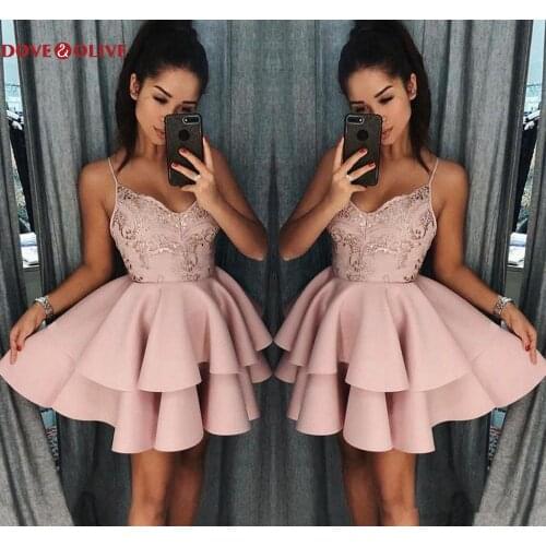 Mini Ruffles Cocktail Dresses 2020 Formal Party Spaghetti Straps Satin Appliques Prom Gowns Women Graduation Homecoming Dress