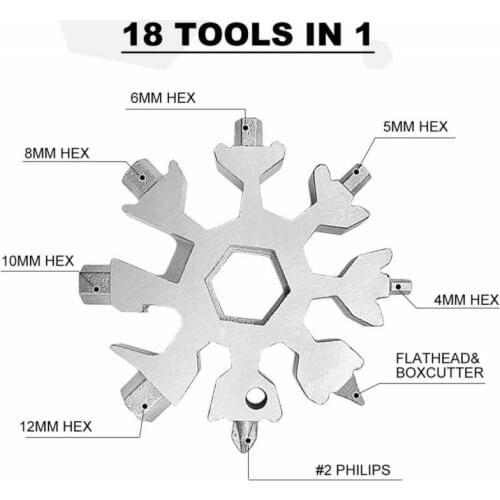 18-in-1 Multi-function Snow Wrench Tool Card Combination Portable Outdoor Products Snowflake-shaped Tool Cassette With Key Rings