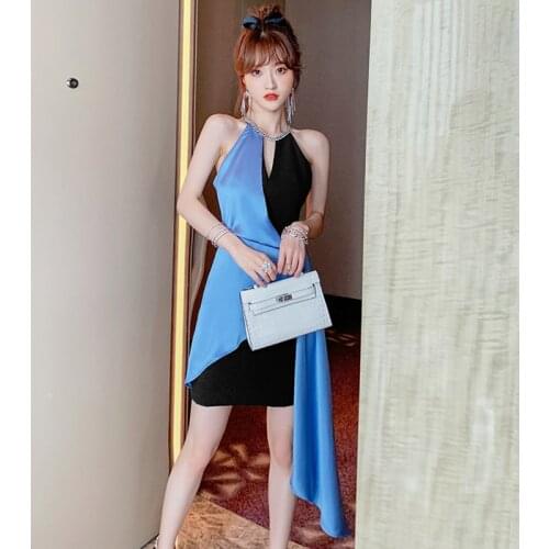 Fashion Summer Korean Retro Sleeveless Midi Party Club Dress Ladies Coffee Break Casual Sexy Halter Chain Chic Satin Short Dress