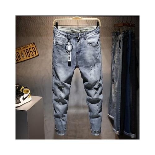 Man Streetwear Letter Printed Distressed Hole Gray Denim Pants Men New Ripped Casual Skinny Jeans Trousers Fashion Brand