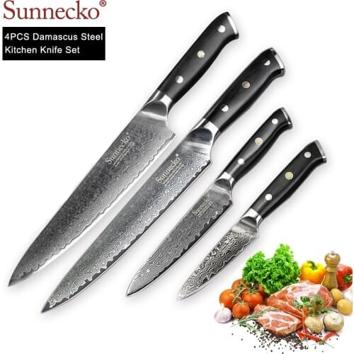 SUNNECKO 4PCS Kitchen Knives Set Slicer Utility Paring Chef Knife Japanese Damascus VG10 Steel Sharp G10 Handle Cutter Tools