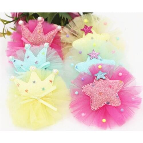 Free Shipping 30PCS/Lot Chiffon Lace Floral Button Patch Sticker with Glitter Princess Crown Stars Decorated for Hair Jewelry