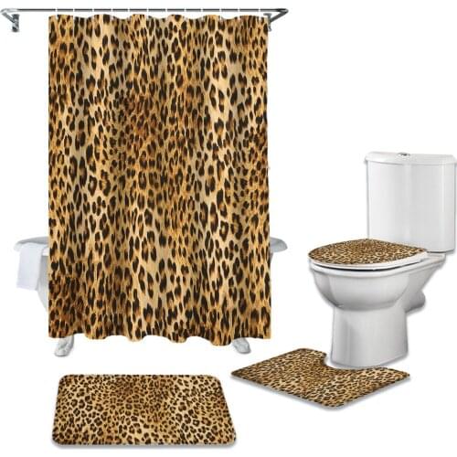 Wild Animald Leopard Shower Curtain Sets Non-Slip Rugs Toilet Lid Cover and Bath Mat Waterproof Bathroom Curtains
