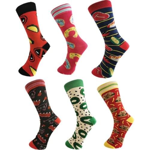 6 pairs Free shipping new men Cartoon hot dog pig sandwich Kiwi Cat burger pattern Unisex Cotton couple Socks women Crew socks