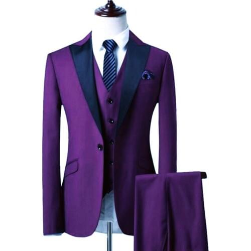 Newest Groomsmen Purple Groom Tuxedos Peak Black Lapel Men Suits Wedding Best Man Blazer ( Jacket+Pants+Vest+Tie ) C489