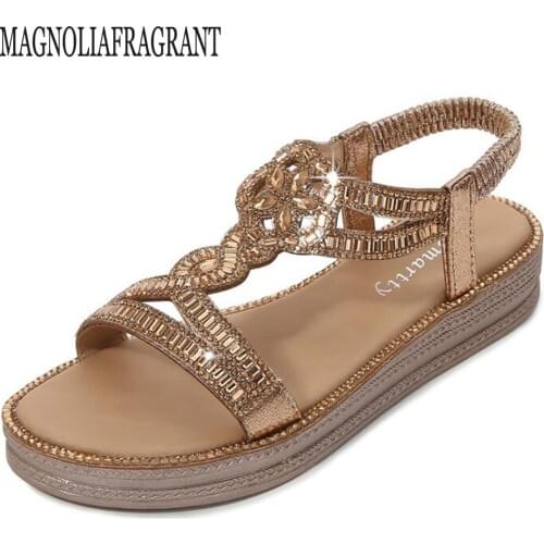 New Comfortable flat Sandals Women Leisure Sandals Open-toed Rhinestones Beach Sandals Cool Summer Ladies Platform Shoes hy638