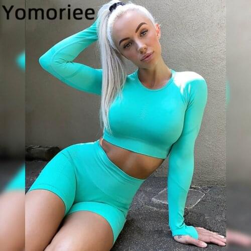 Long Sleeves Sexy Women Yoga Set Gym Sport Workout Running Training Shirts & Shorts Suit Solid Color Seamless Gymwear Yomoriee