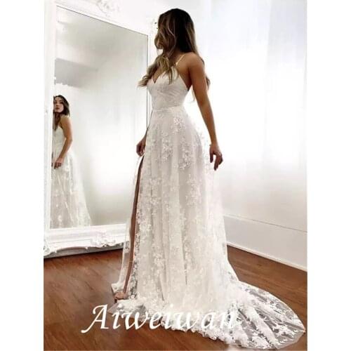 Sheath / Column Wedding Dresses Spaghetti Strap Court Train Lace Sleeveless Romantic Sexy with Appliques Split Front 2021